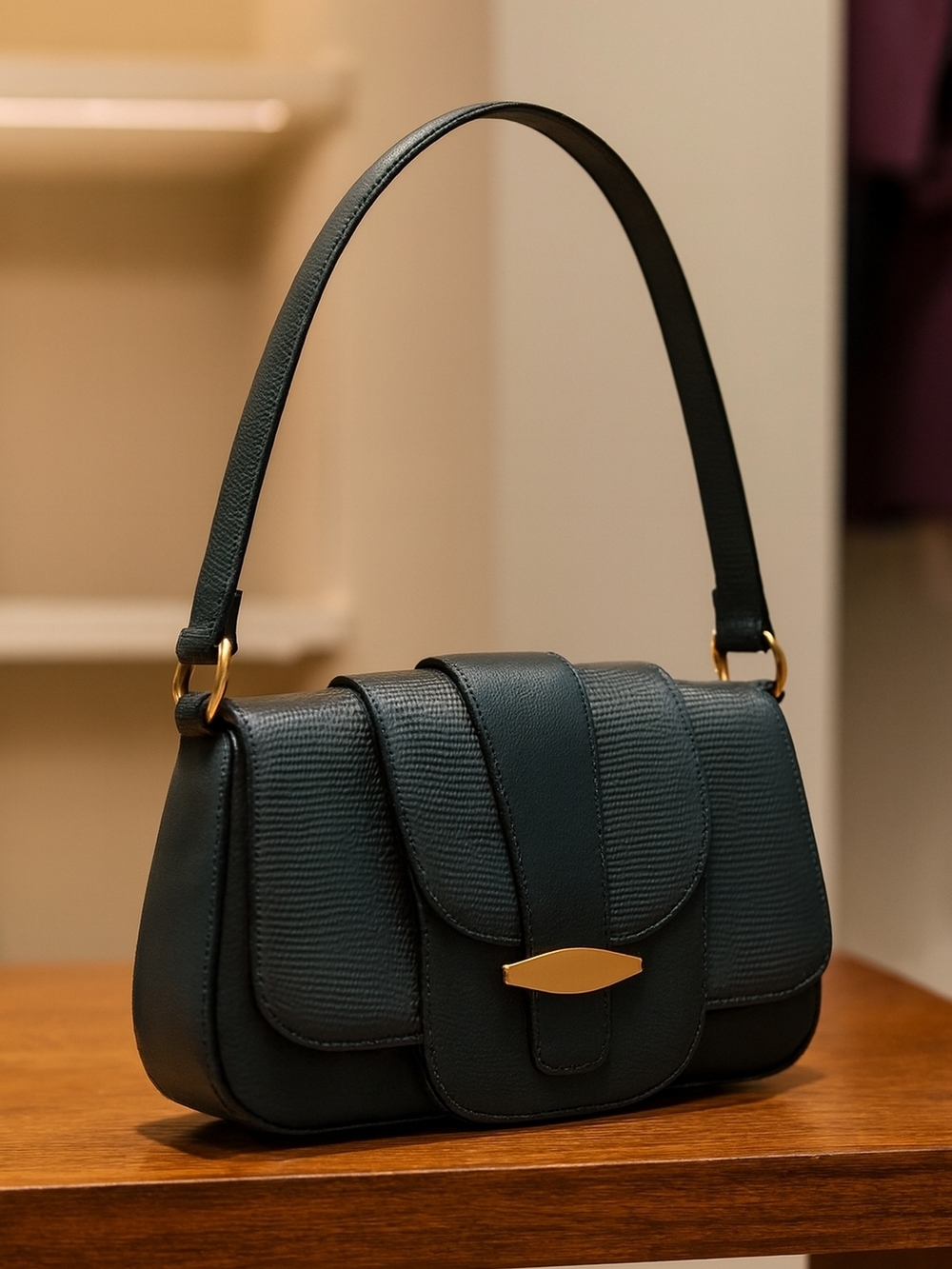 Time and Tru Olive Green Faux Leather Shoulder Bag with Gold Accent
